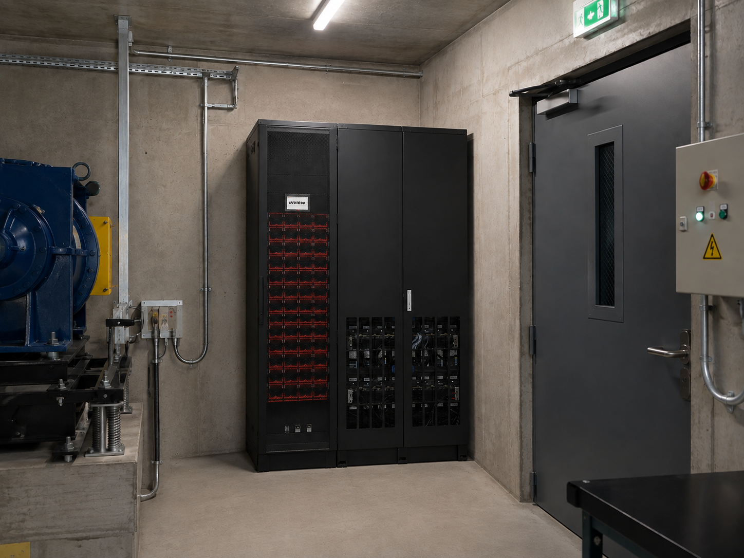 CE+T Sierra bidirectional power conversion and Inview battery cabinet installed next to elevator machinery